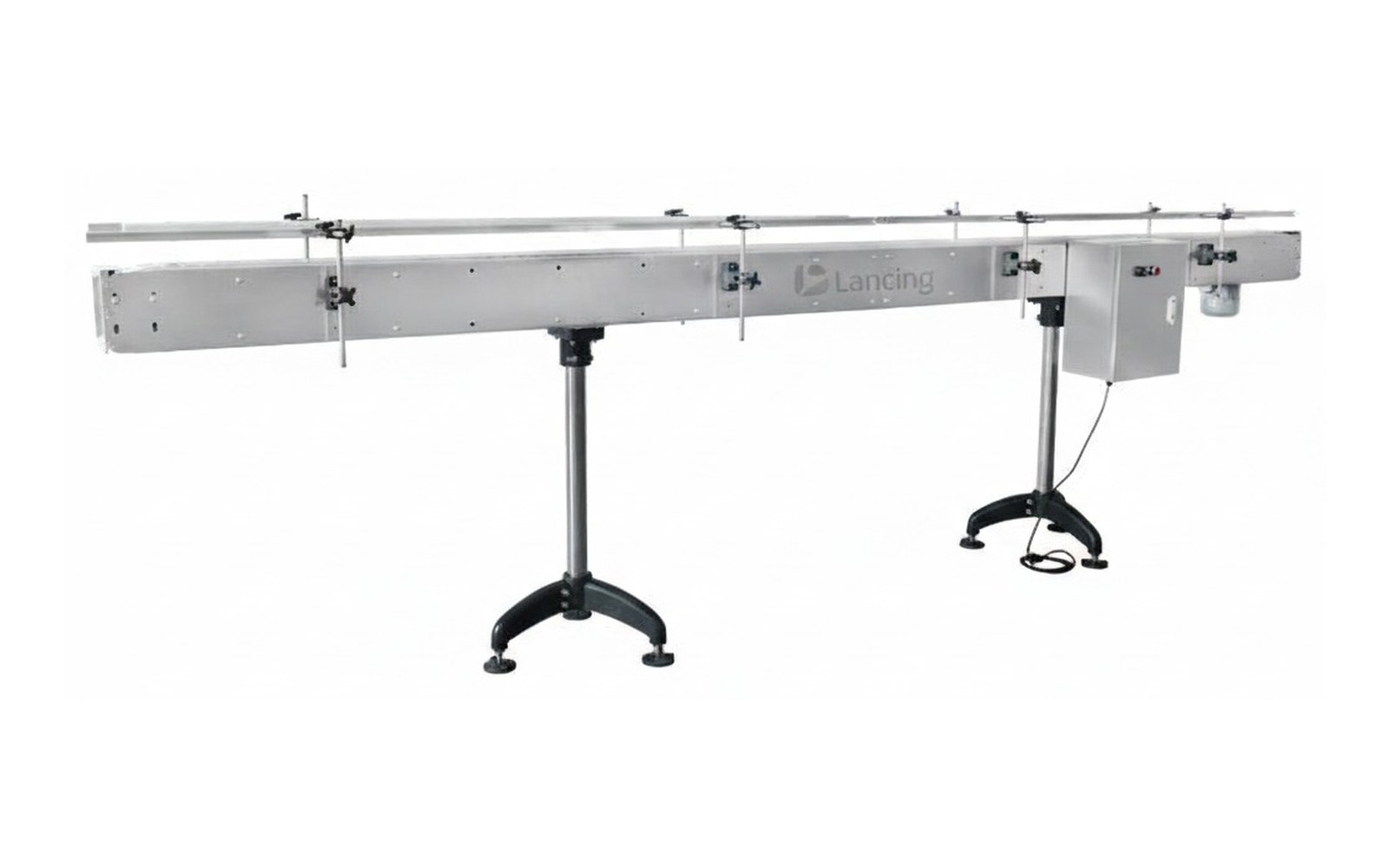 Long stainless packaging conveyor line with adjustable guide rails