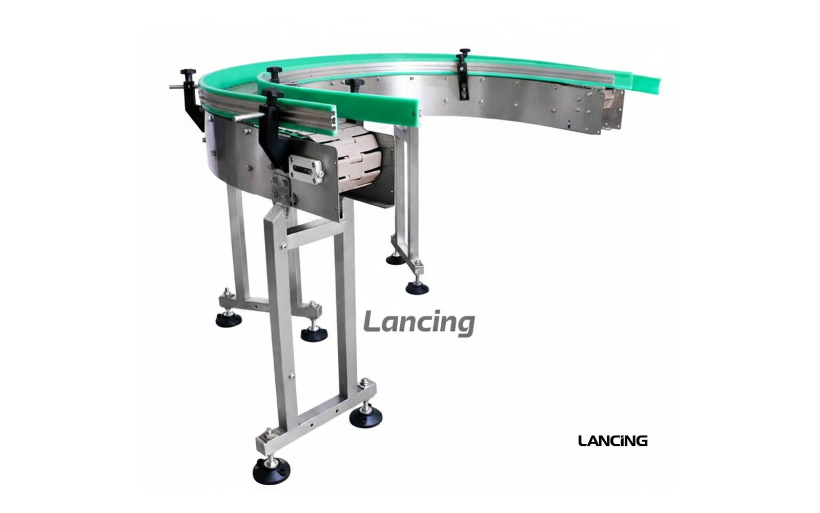 Curved conveyor return section for compact packaging line layouts