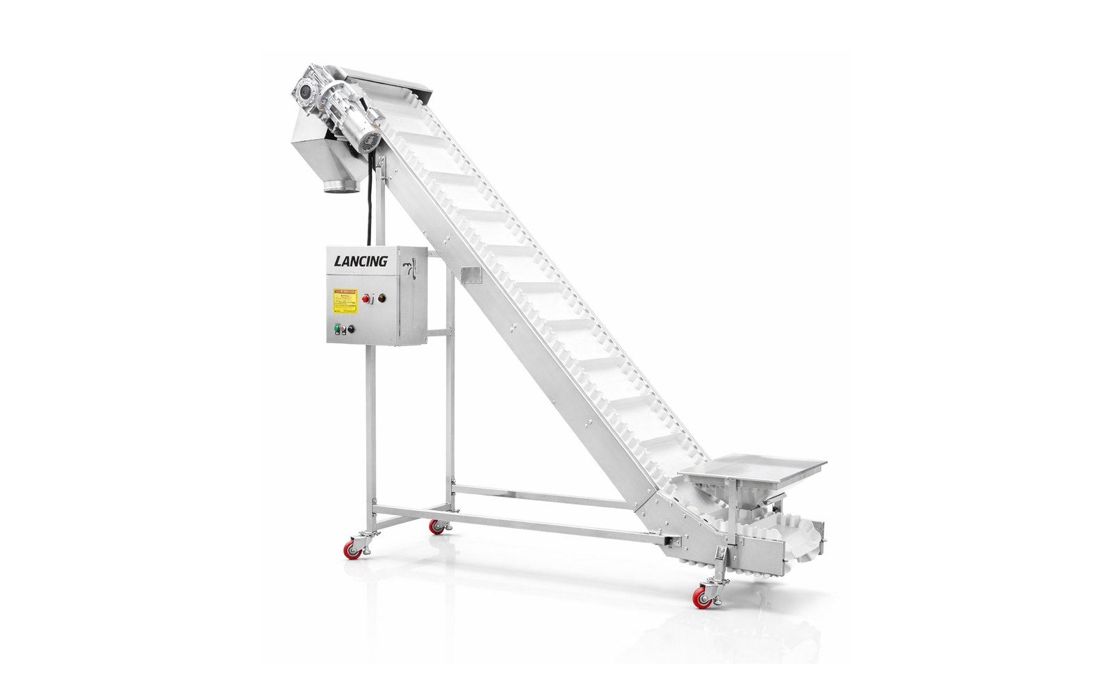 Cleated incline conveyor for elevating packaged products between line levels